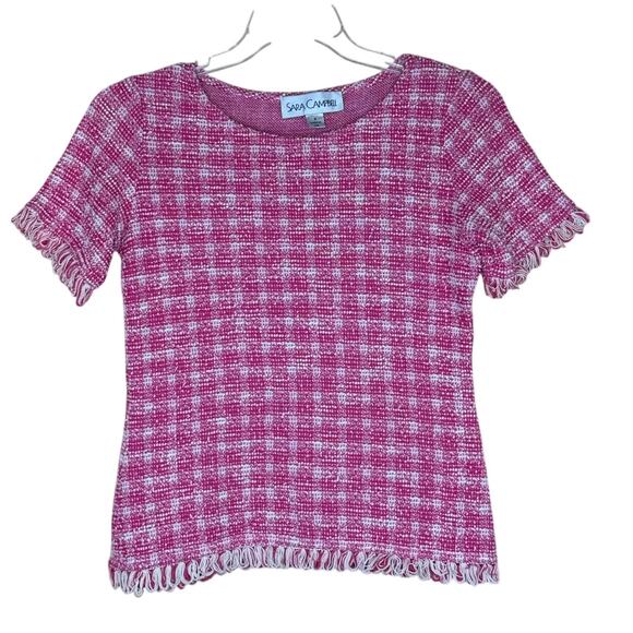 Sara Campbell Pink & White Tweed Shirt Size Small Blend Fringe Loop Trim - Picture 1 of 8